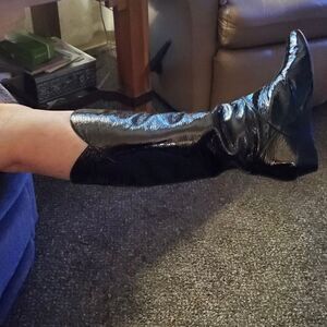 VTG Pelle Mode black Patent Leather Below Knee High Tall Tiny Wedge boots 6 6.5